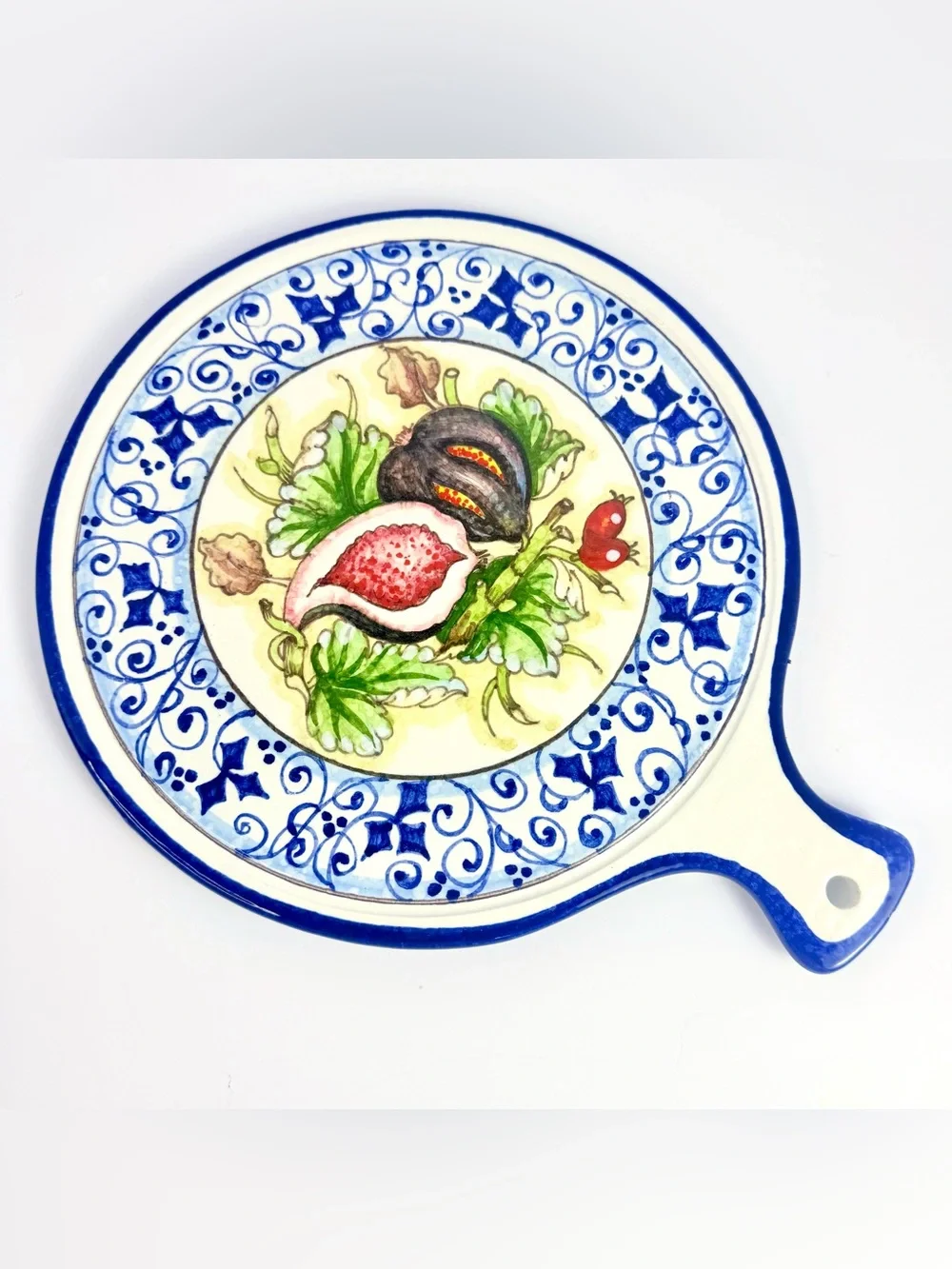 Vintage Italy Ceramica Cuore Trivet w/ Hand Painted Pomegranates, Blue And White